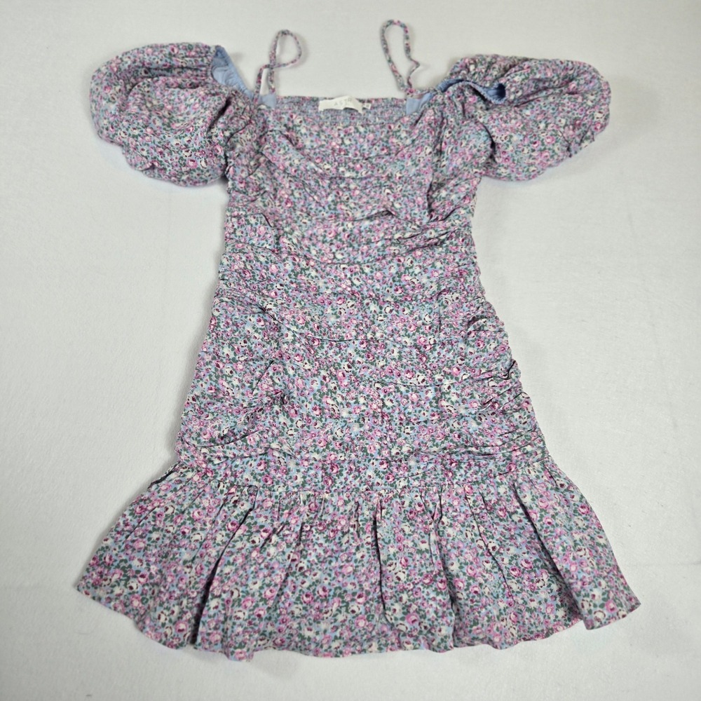 Astr Floral Ruched Mini Dress Womens Medium Blue Pink Excellent Puff Sleeve